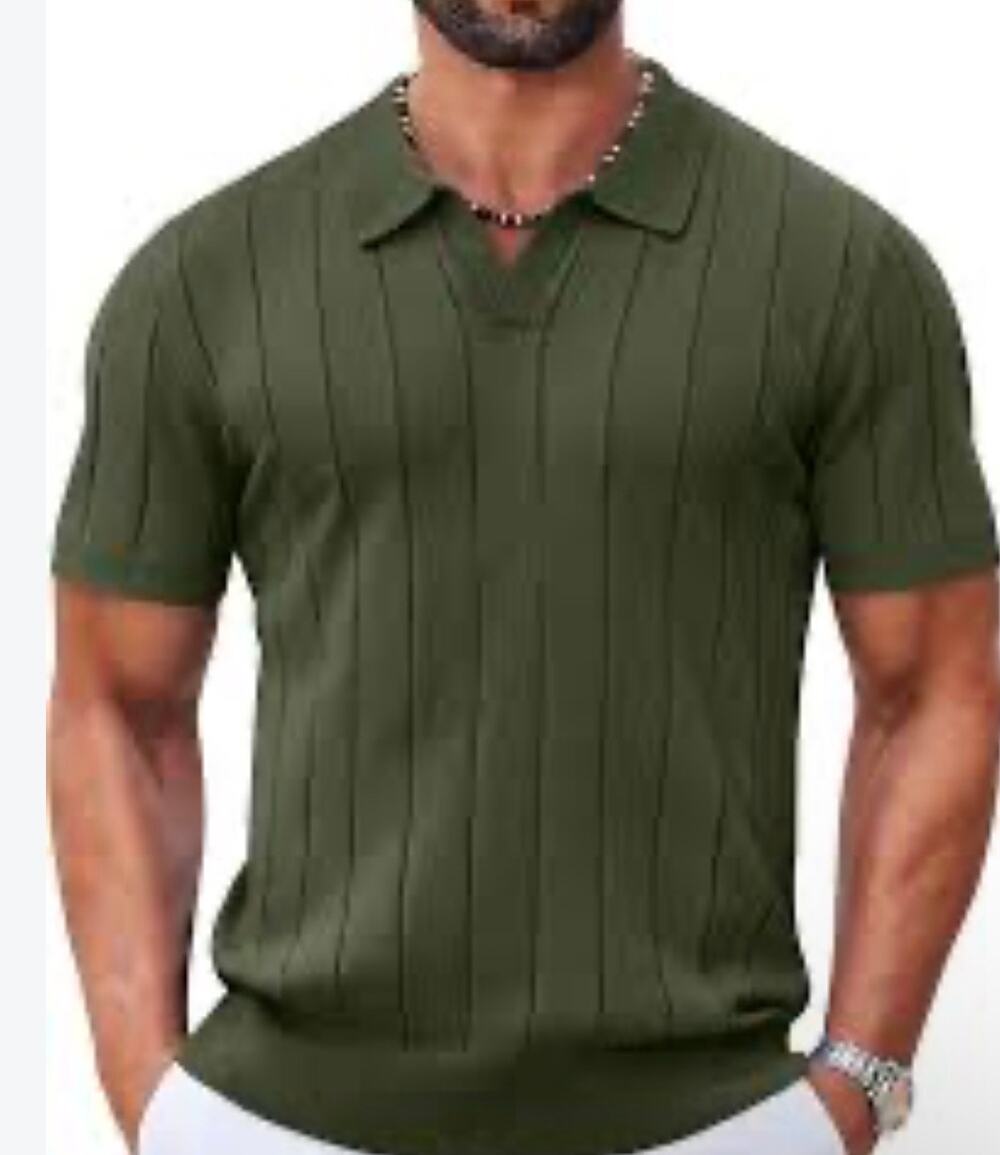 Coofandy Mens M Olive Green Ribbed Knit Short Sleeve Polo Shirt V-Neck Golf NWOT